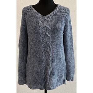 Talbots Blue V-Neck Chunky Knit Sweater Side Zips 100% Cotton Sz Medium